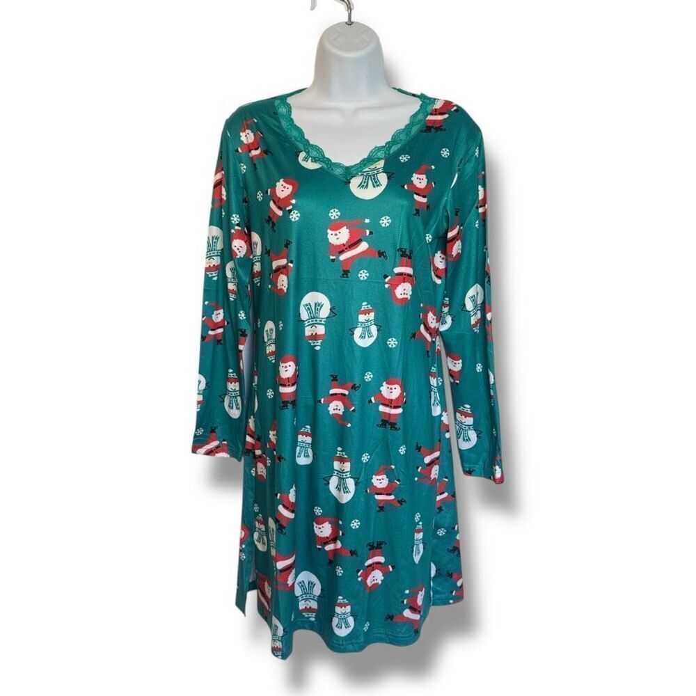 Ekouaer Women's Christmas Pajama Dress Long Sleeve Green Size Small